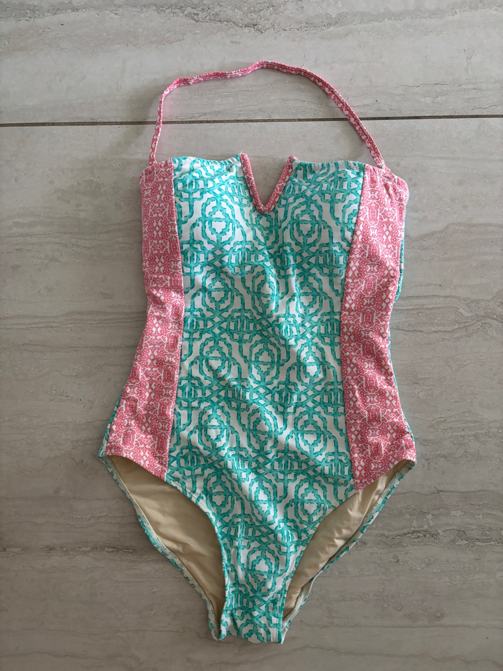 Cabana Life Pink and Aqua Patterned One-Piece Swimsuit - Strapless Swimsuit